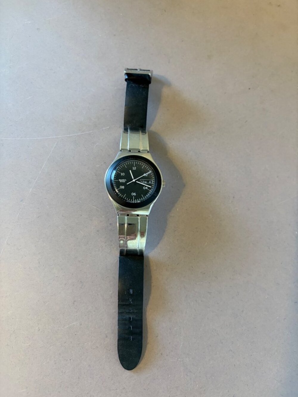 Swatch Mens Quartz Watch With Black Dial & Day-Date Display Stainless Steel Case